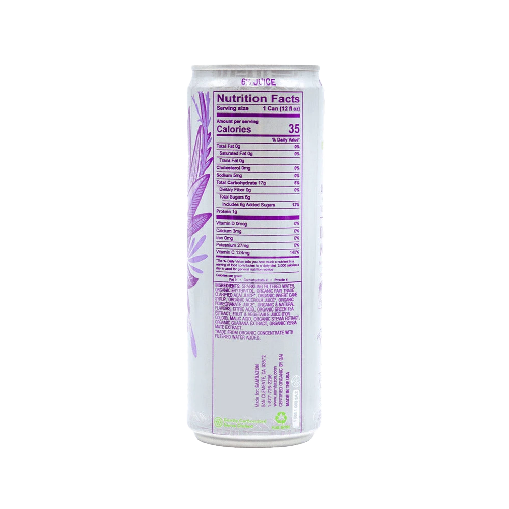 Low Calorie Açaí Pomegranate Amazon Energy Drink - Back of Packaging