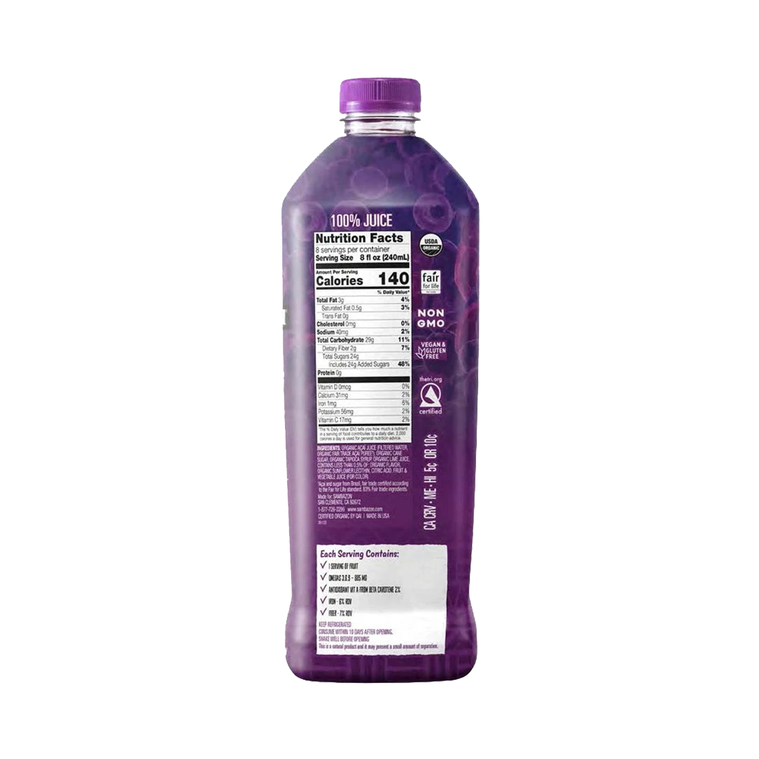 Original Açaí Juice - Back of Packaging